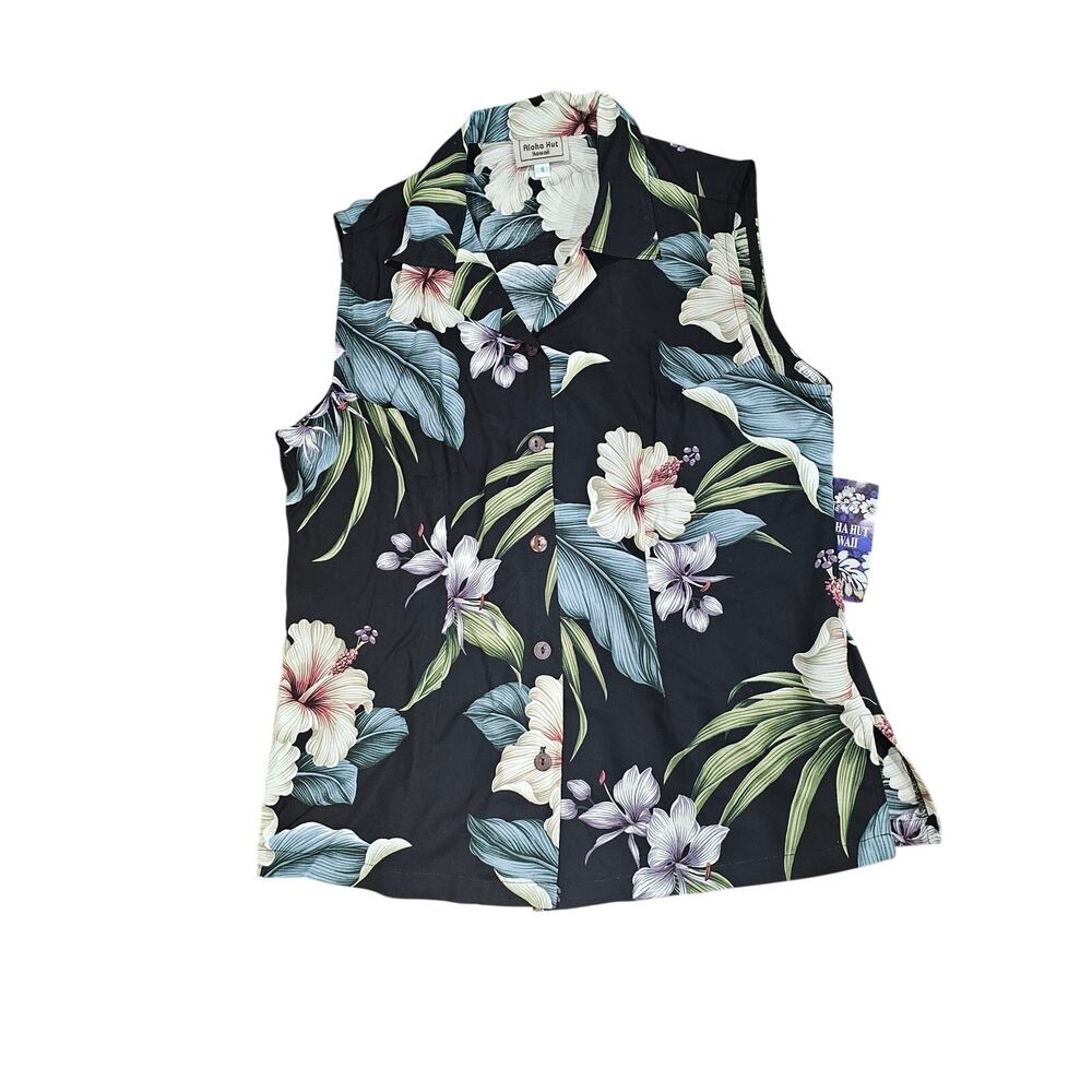 Aloho Hut Hawaii Sleeveless Top Tropical Print Black Size S